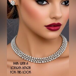 Vintage 16" Silver Tone And Double Row Rhinestone Choker Necklace